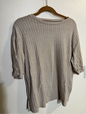 Ribbed Short Sleeve Sweater Top & Shorts Matching Set - Taupe